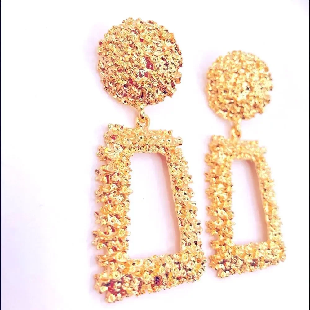 Gold Statement 80s Retro Geometric Textured Dangle Earrings